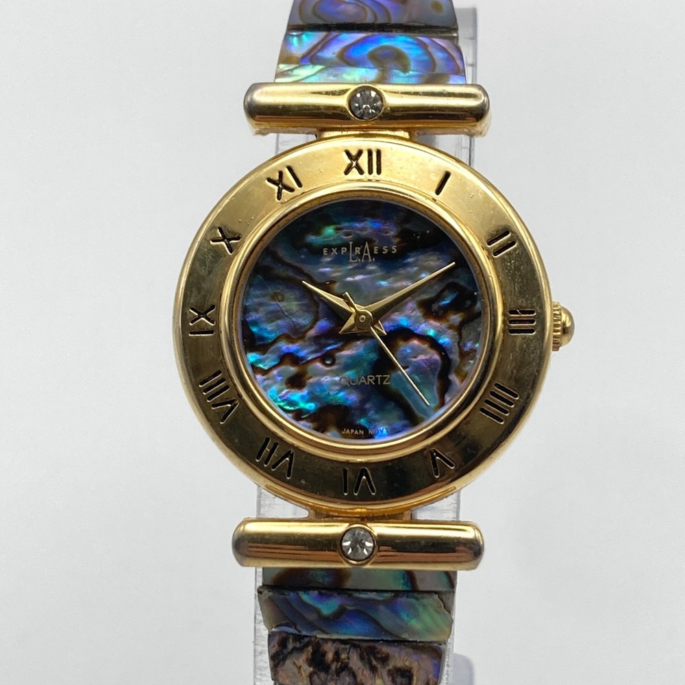 Vtg LA Express Women's Watch 26mm Abalone Stretch Band Gold Tone New Battery 6"